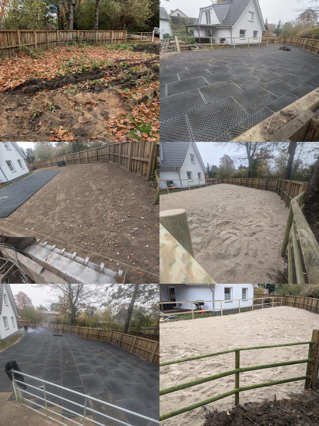 Fertiggestellter Reitplatz – Vorher/Nachher mit Sandboden und Holzzaun